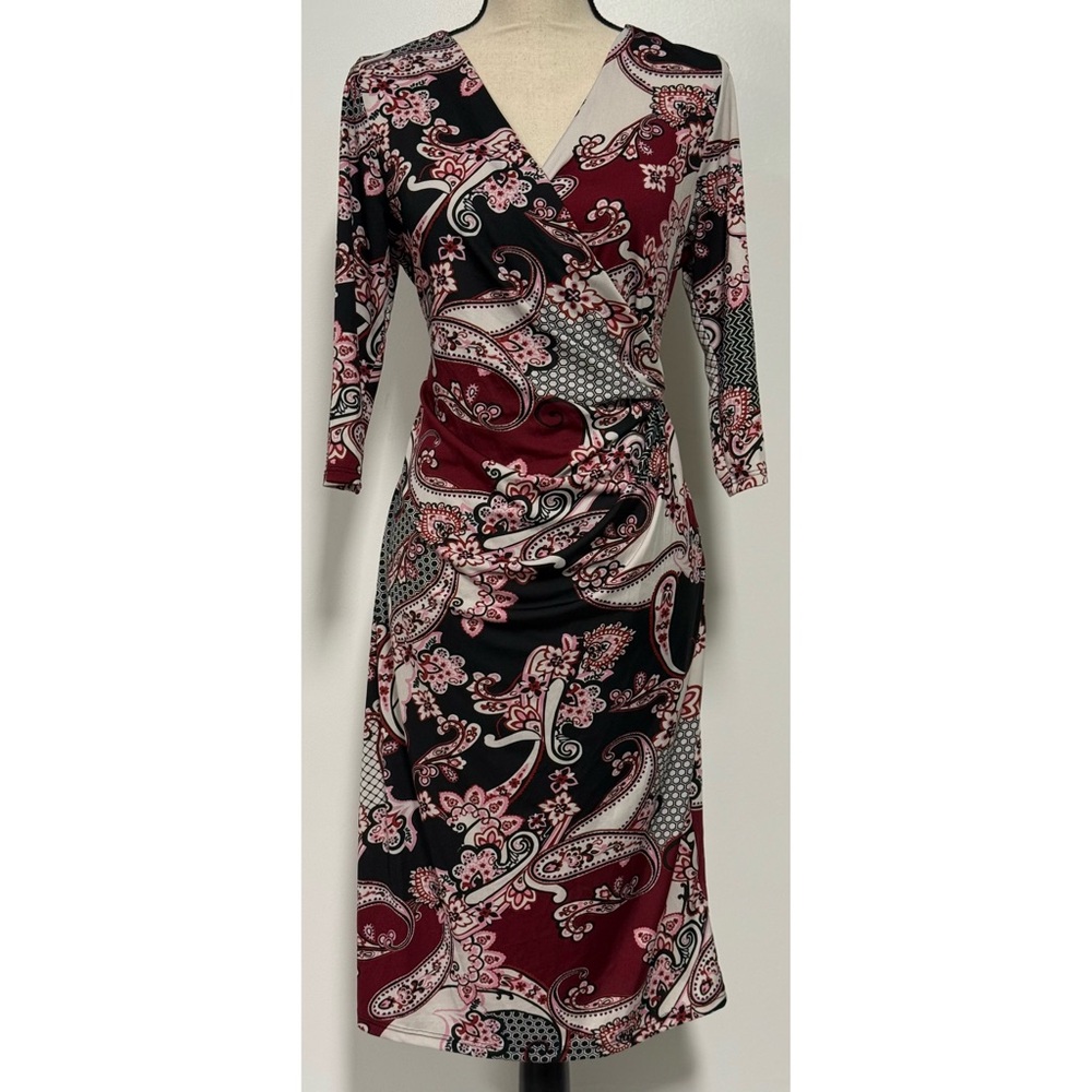 24seven Comfort Apparel Faux Wrap Dress Black & Red Floral Size L